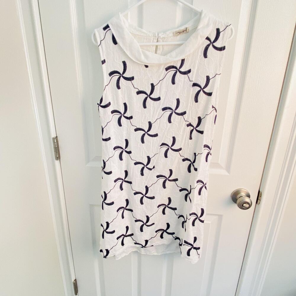 Lungo L'Arno Dress Womens Large White Navy Linen Collared Shift Mini Made Italy
